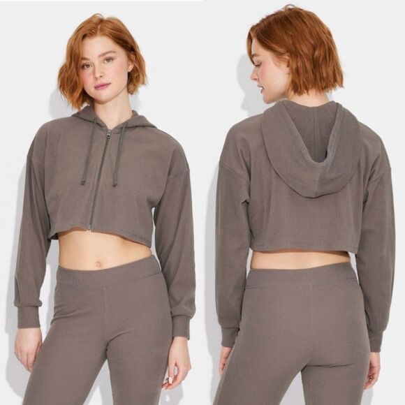 ☔️🩵NWT Gray Ribbed Zippered Crop Hoodie Sweatshirt Large - Picture 1 of 11